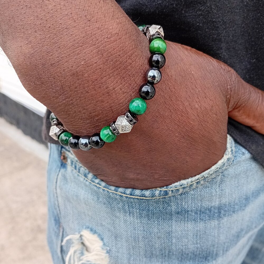 Gemstone Money Magnet Tiger Eye Onyx Hematite Bead Bracelet Zircon Pave Clasp